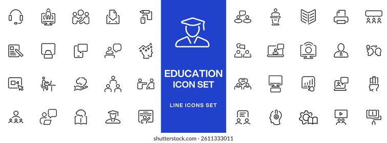 "Education line icons collection. Big UI icon set in a flat design. Thin outline icons pack. Thin line icons set of academic subjects and education. Outline symbol collection. " 
