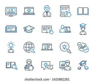 Education line icons. Laptop, Book and Video Tutorial icons. Graduation cap, Instructions and Presentation. College education or Lectures book, Charts and Idea. Laptop, video tutorial. Vector