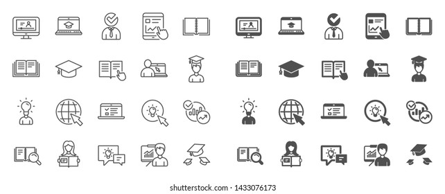 Education line icons. Laptop, Book and Video Tutorial icons. Graduation cap, Instructions and Presentation. College education or Lectures book, Charts and Idea. Laptop, video tutorial. Vector