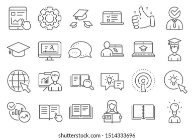 Iconos de la línea de educación. Iconos del Tutorial de Portátil, Libro y Video. Límite de graduación, Instrucciones y Presentación. Libro de educación universitaria o conferencias, Charts and Idea. Portátil, tutorial de vídeo. Vector