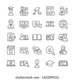 Education line icons. Laptop, College book and Video Tutorial icons. Graduation cap, Instructions and Presentation. Education or Lectures book, Charts. Laptop, tablet device. Video tutorial. Vector
