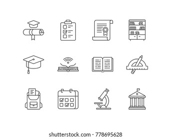 Education line icons set with bachelor degree, test, certificate, library, graduation hat, online reading, open book, homework, schedule, research, university building.