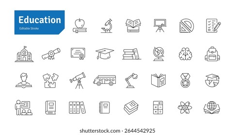 Education Line Icons Set. E-Learning, School, College, Study, Knowledge, Calculator, Graduation, Teaching Icons Editable Stroke Vector Illustration