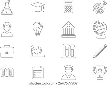 Conjunto de ícones de linha de formação educacional. Inclua educação, ciência, sucesso e aprendizagem. Inclui boné de graduação,
livros, tubos de ensaio, globo. Tópicos de Ícones de Formação Educacional