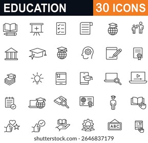 Conjunto de ícones de linha de formação educacional. Incluindo estudantes, palestras, conhecimentos, aprendizado, livros, professores, formaturas, disciplinas acadêmicas, atividades em sala de aula e vida estudantil. Traçado editável . ilustração de vetor.