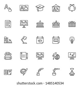 Education line icons set. Knowledge linear style symbols collection, outline signs pack. vector graphics. Set includes icons as Alphabet book letter, Graduation hat, Grade result A, School building