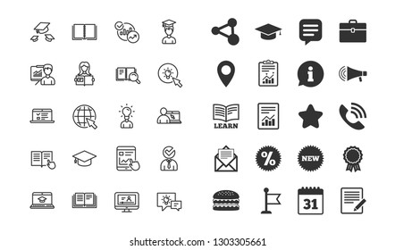 Education line icons. Set of Laptop, Book and Video Tutorial signs. Graduation cap, Instructions and Presentation. Internet Lectures, Charts and Idea symbols. Vector