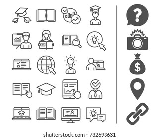 Education line icons. Set of Laptop, Book and Video Tutorial signs. Graduation cap, Instructions and Presentation. Internet Lectures, Charts and Idea symbols. Bonus classic signs. Editable stroke