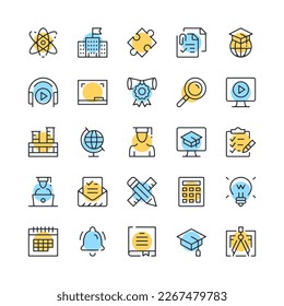Symbole der Bildungslinie. Set von Lernsymbolen. Schwarz, Blau und Gelb. Modernes Rahmendesign. Vektorliniensymbole