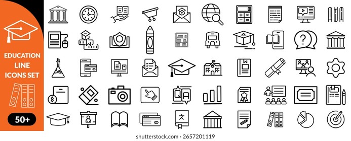 Conjunto de iconos de línea de Educación . Conjunto de iconos de línea delgada de Educación y aprendizaje. Educación, escuela, aprendizaje de iconos de trazo editable. Diseño de Ilustración vectorial