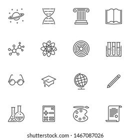 Education line icons set. linear style symbols collection, outline signs pack. vector graphics. Set includes icons as DNA molecule, test tubes, atom, chemical formula, calculator, earth globe, planet