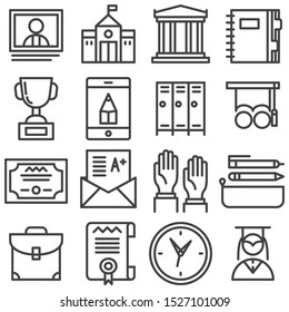 Education line icons set. linear style symbols collection, outline signs pack. vector graphics. Set includes icons as school building, library, notebook, school bag, graduate student, elearning, clock