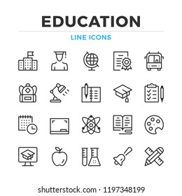 Iconos de línea de educación establecidos. Elementos de esquema modernos, conceptos de diseño gráfico, colección de símbolos simple. Iconos de línea de vector