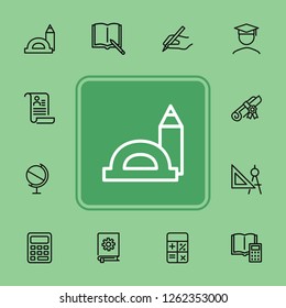 Education line icons. Set of line icons on white background. Studying concept. Globus, calculator, book. Vector illustration can be used for topics like high school, science, college
