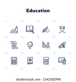 Education line icons. Set of line icons on white background. Studying concept. Globus, calculator, book. Vector illustration can be used for topics like high school, science, college