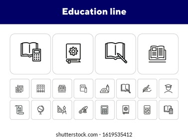 Education line icons. Set of line icons on white background. Studying concept. Globus, calculator, book. Vector illustration can be used for topics like high school, science, college