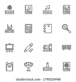 Education line icons set, outline vector symbol collection, linear style pictogram pack. Signs logo illustration. Set includes icons as science, math, calculator, geometry book, school bag, whiteboard