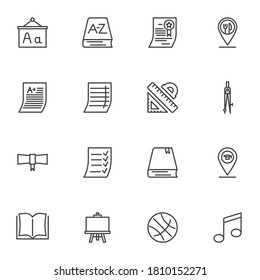 Education line icons set, outline vector symbol collection, linear style pictogram pack. Signs, logo illustration. Set includes icons as textbook, dictionary book, blackboard, ruler, grade result test