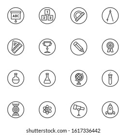 Education line icons set. Science linear style symbols collection, outline signs pack. vector graphics. Set includes icons as chemistry, astronomy, physics, geography, math, preschool, laboratory test