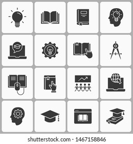 Education line icons. Set of study, school, learning, bulb, lesson and more. Black vector illustration isolated for graphic and web design.