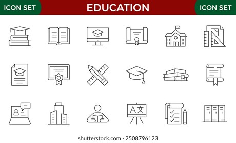 Conjunto de ícones de linha de formação educacional. Ilustração vetorial no estilo moderno de linha fina de ícones escolares: disciplinas escolares, suprimentos, ciência e aprendizagem on-line. Isolado no branco
