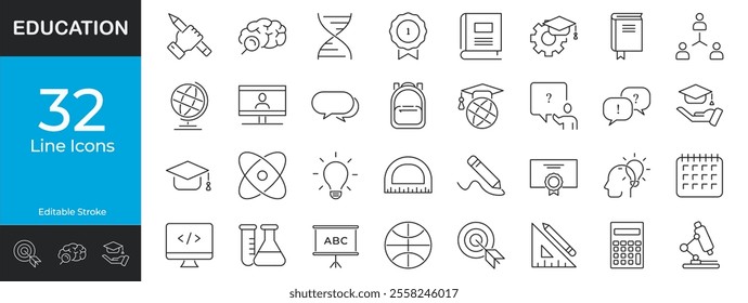 Education Line Icons Set. Vector illustration in modern thin line style. 32 Editable Stroke Symbols for Learning, Science, Technology, and Communication Design. Isolated on white