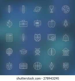 Education Line Icons Set. Vector Set of Education and Knowledge Modern Thin Line Icons for Web and Mobile over Blurred Background