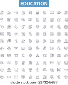 Education line icons, signs set. Learning, Schools, Higher, Teaching, Studying, Literacy, Courses, Training, Research outline vector illustrations.