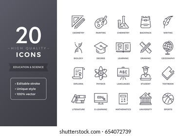 Education Line Icons. Vector E-learning And School Icon Set With Editable Stroke