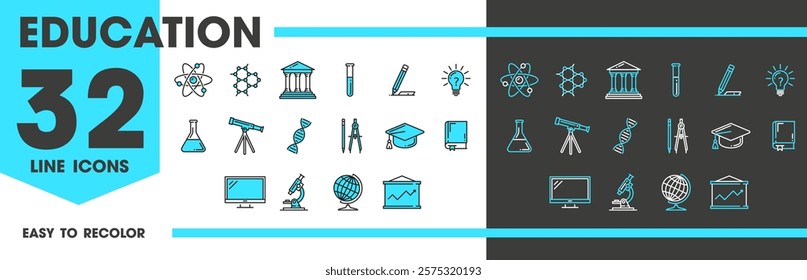 Education line icons, vector linear symbols of learning and academic activities. Book, pencil, compass, graduation cap, blackboard or computer, chemical atom, microscope, DNA molecule, flask and globe