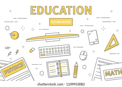 Education line illustraton with show more button.