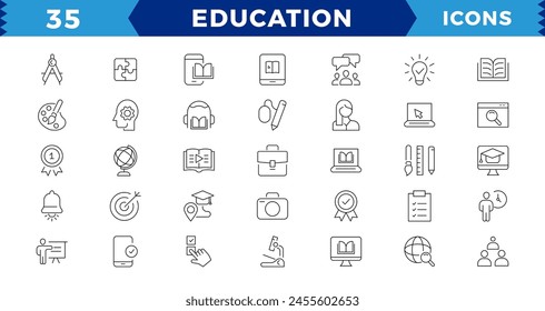 Education Line pixel Perfect Icons set.modern thin line style of school icons: school subjects, supplies, science, and online learning. Isolated on white editable stroke icons.
