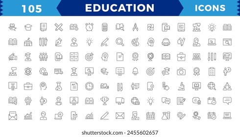 Conjunto de iconos perfectos de la línea de la Educación. Estilo de línea delgada moderna de los iconos de la escuela: materias escolares, suministros, ciencia y aprendizaje en línea. Aislado en iconos de trazo blancos editables.
