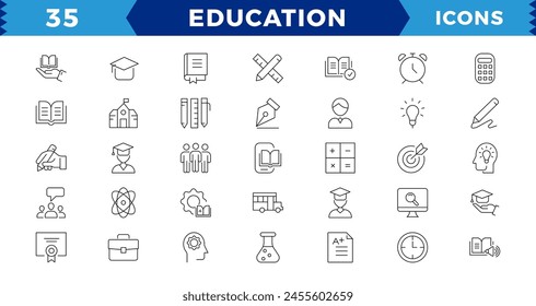 Education Line pixel Perfect Icons set.modern thin line style of school icons: school subjects, supplies, science, and online learning. Isolated on white editable stroke icons.
