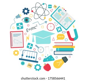 Education line round illustration. infographics design, web elements. Online education concept. Physics, chemistry, mathematics school subjects. Vector illustration in flat style