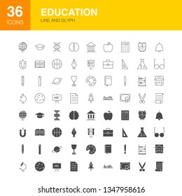 Education Line Web Glyph Icons. Vector Illustration of School Outline and Solid Symbols. 