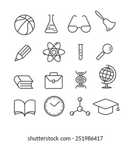 Education linear flat icons set. Collection of school objects and educational equipment. Isolated on white background.