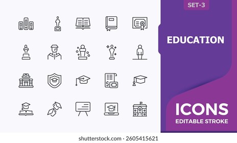Education linear icon collection. It contains symbols to knowledge, school, university, learn, study and more. Academy icon. Minimal icons set. Editable stroke. Vector collection.