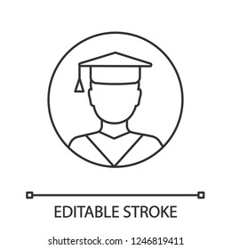 Education linear icon. Graduation. Thin line illustration. Academic degree. Person in academic cap. Contour symbol. Vector isolated outline drawing. Editable stroke