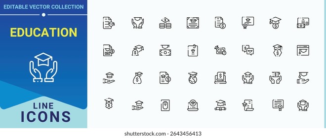 Education linear icon set. Includes symbols for graduate, diploma, bachelor, study, university, academic, scholar. Scholarship line icon set. Sign and Symbol. Vector illustration.