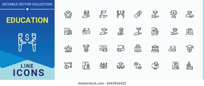 Education linear icon set. Includes symbols for graduate, diploma, bachelor, study, university, academic, scholar. Scholarship line icon set. Sign and Symbol. Vector illustration.