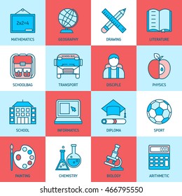 Education linear icons with school subjects building bus pupil on blue red white backgrounds isolated vector illustration