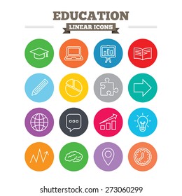 Education linear icons set. Graduation cap, pencil and book symbols. Notebook, presentation and speech bubble thin outline signs. Pie chart, piece of puzzle and arrow. Flat circles vector