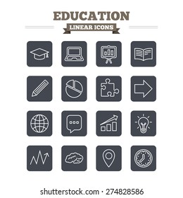 Education linear icons set. Graduation cap, pencil and book symbols. Notebook, presentation and speech bubble thin outline signs. Pie chart, piece of puzzle and arrow. Flat square vector