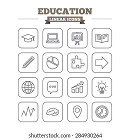 Education linear icons set. Graduation cap, pencil and book symbols. Notebook, presentation and speech bubble thin outline signs. Pie chart, piece of puzzle and arrow. Flat square vector