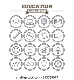 Education linear icons set. Graduation cap, pencil and book symbols. Notebook, presentation and speech bubble thin outline signs. Pie chart, piece of puzzle and arrow. Flat vector