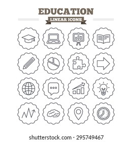 Education linear icons set. Graduation cap, pencil and book symbols. Notebook, presentation and speech bubble thin outline signs. Pie chart, piece of puzzle and arrow. Flat vector