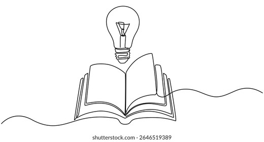 educação e literatura com desenho contínuo de uma linha do cérebro e da lâmpada, desenho de uma linha do livro, educação contínua do vetor e literatura com cérebro e lâmpada. Conceito de criativo