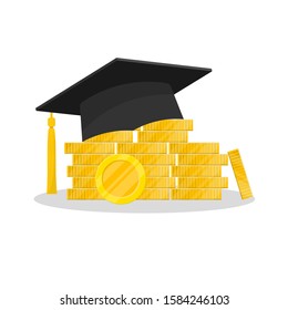 Education Loan. Graduation Hat And Stack Of Coins.Scholarship Concept.stock Vector Illustration Isolated On White Background.10 Eps.