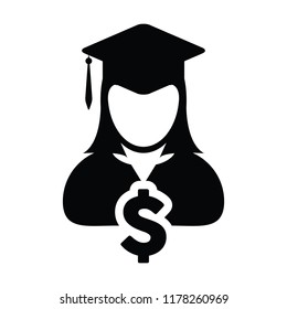 Education loan icon vector female person profile avatar with dollar symbol for graduation in flat color glyph pictogram illustration